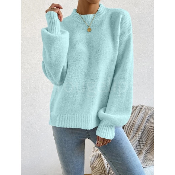 Mint Blue Soft Sweater Pullover Long Sleeve Drop Shoulder - Picture 5 of 9